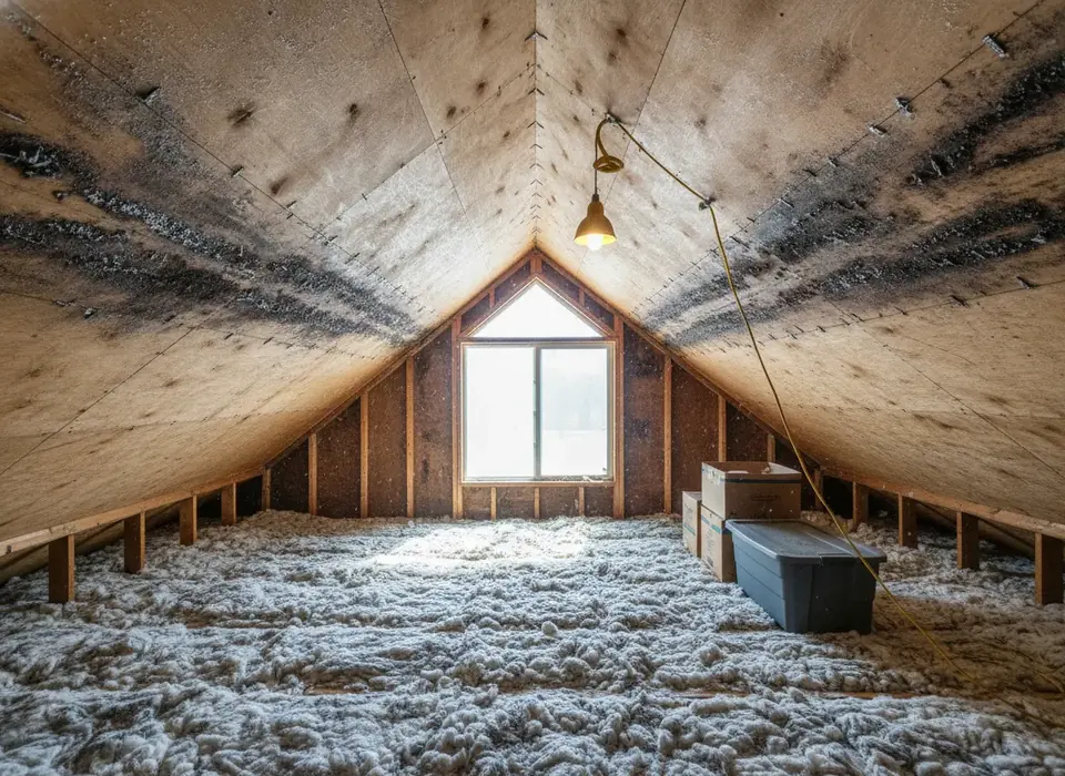 Mold staining on attic roof decking near the eaves